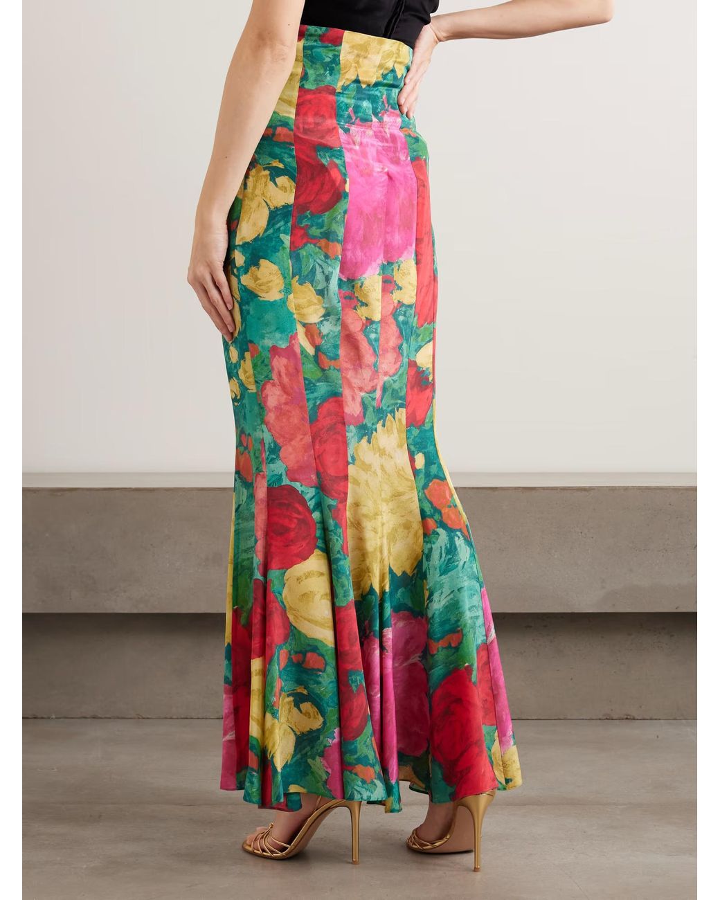 Balmain Red Paneled Floral-Print Silk Maxi Skirt