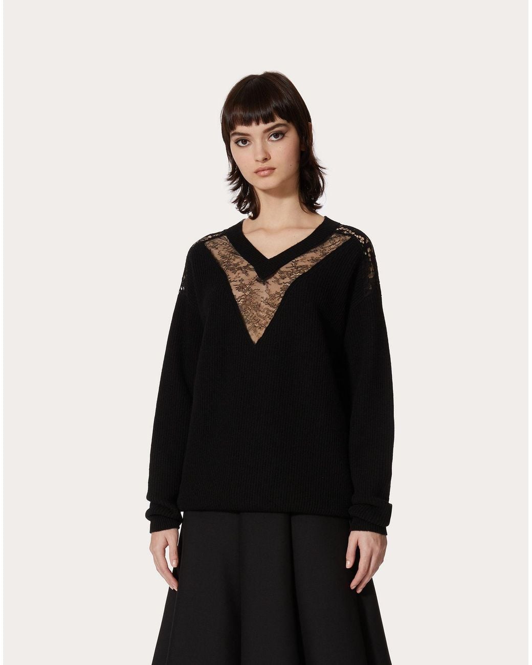Valentino Black Lace-Embellished V-Neck Jumper