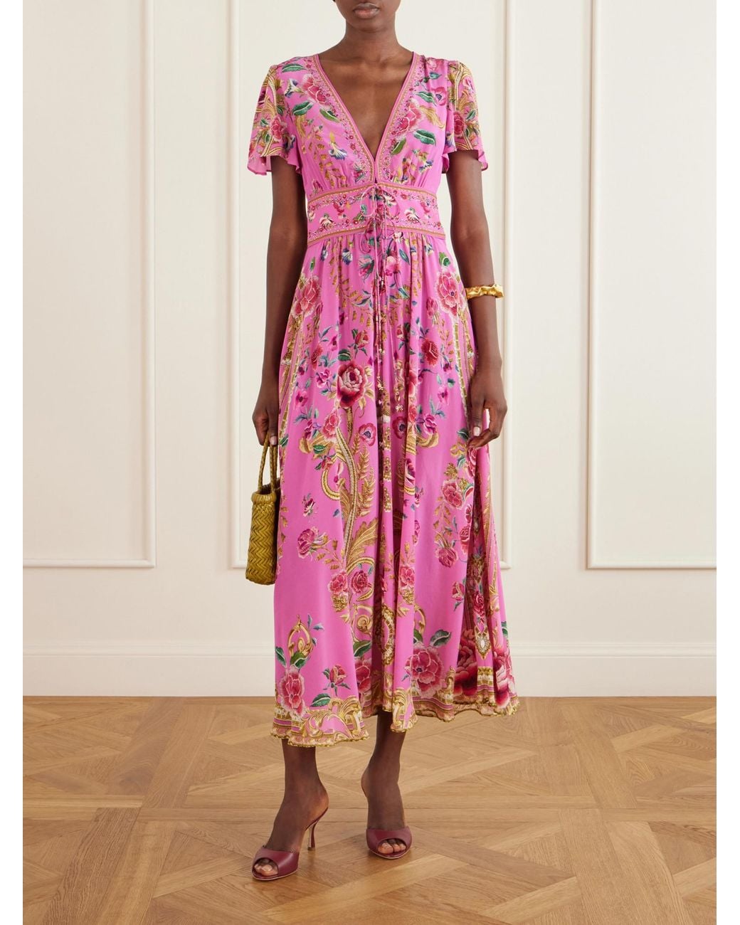Camilla Pink Embroidered Printed Silk Maxi Dress