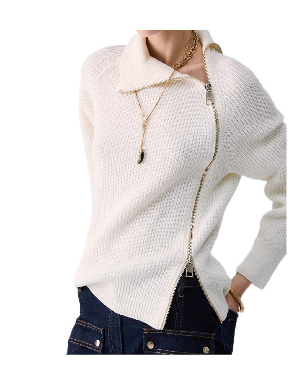 Liu Jo White Zip High Neck Knitted Sweater
