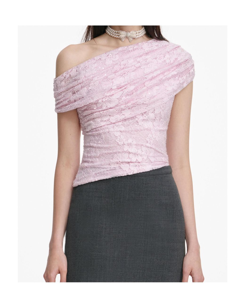 Self-Portrait Pink Lace One-Shoulder Top