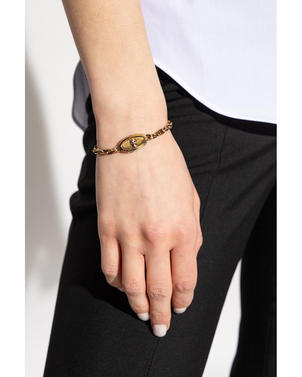 McQueen Metallic Skull Charm Cuban-Link Chain Bracelet