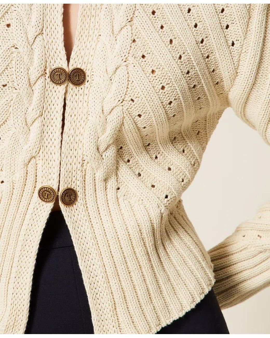 Twinset Natural Plaid Knitted Button-Up Cardigan