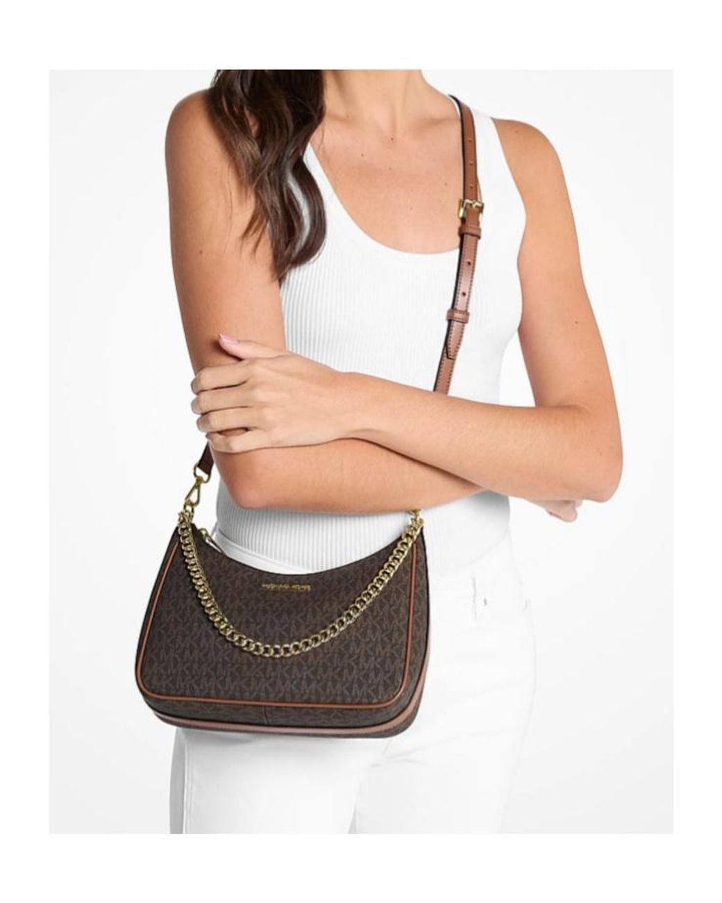 Michael Kors Brown Jet Set Travel Large Signature Logo Convertible Crossbody Bag