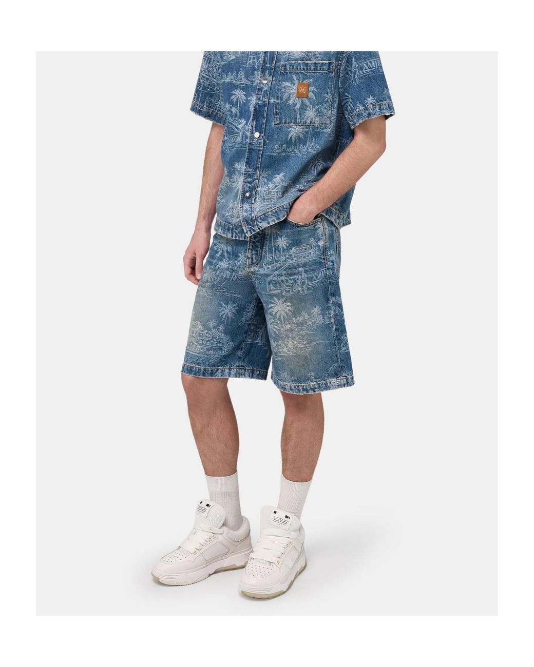 Amiri Blue Tropical Print Denim Shorts for men