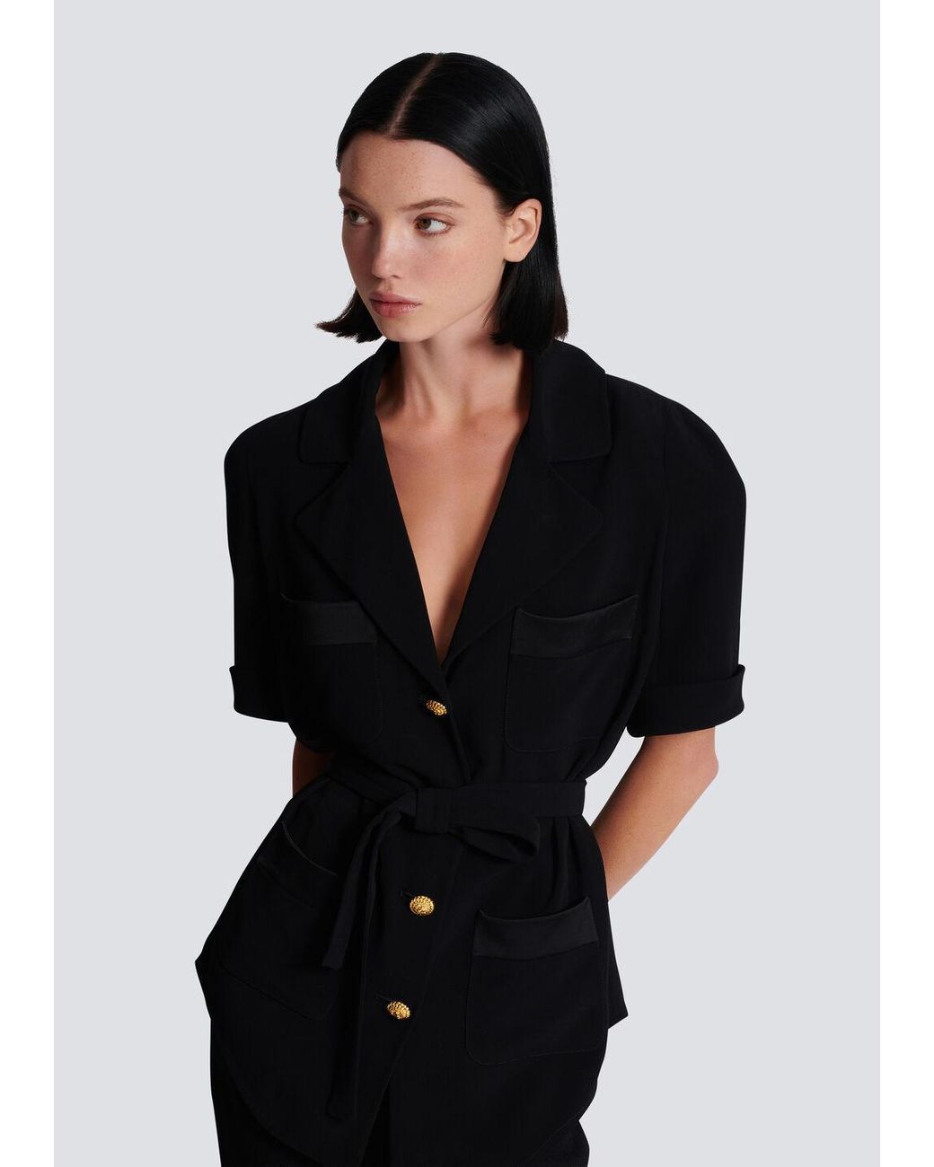Balmain Black Crepe Belted Shirt