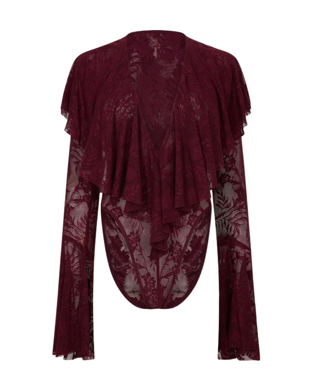 Norma Kamali Purple Long-Sleeved Deep V-Neck Ruffled Bodysuit