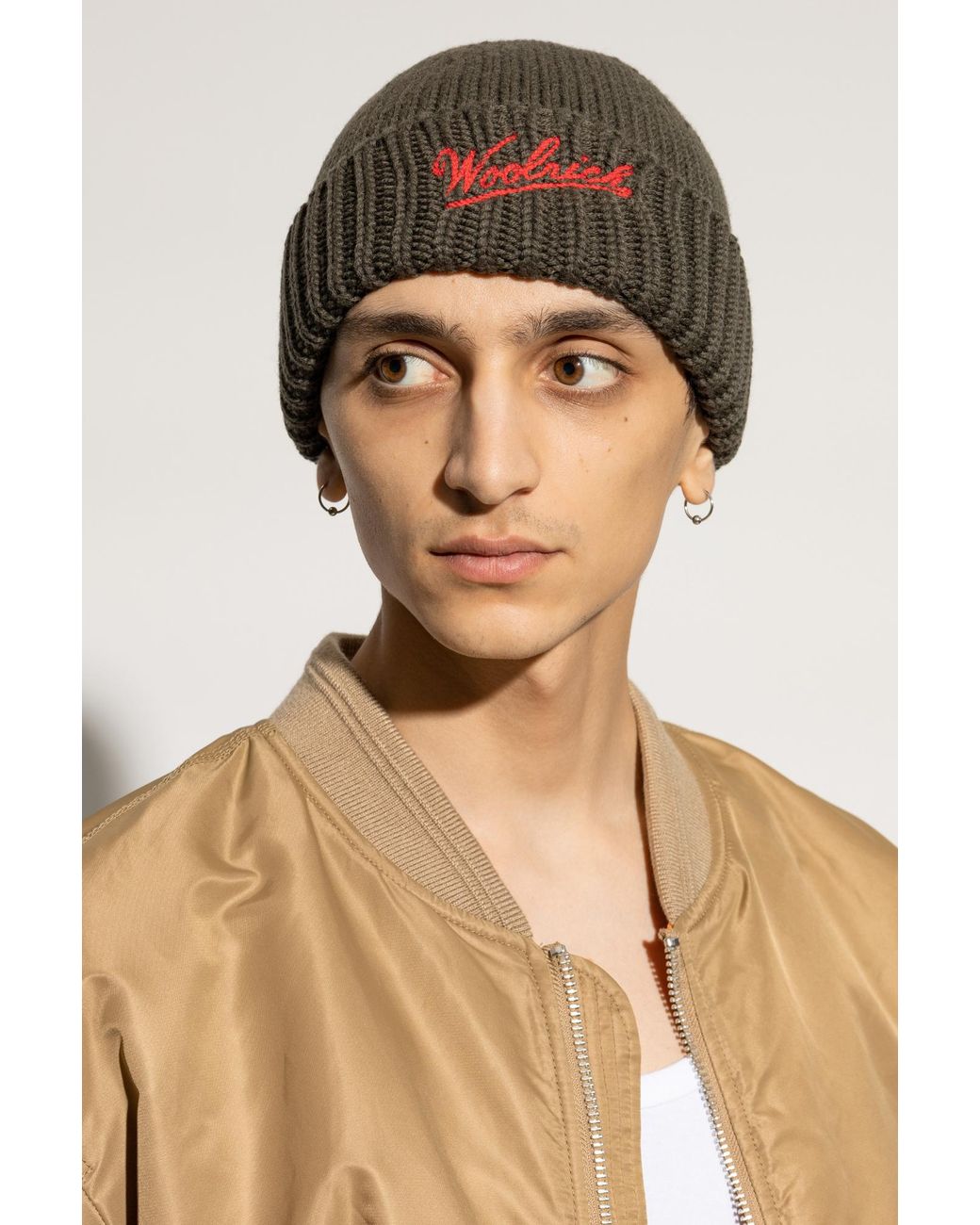 Woolrich Brown Logo Intarsia Knit Beanie for men
