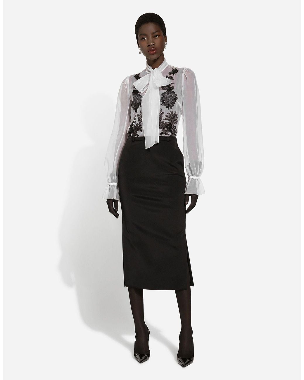 Dolce & Gabbana White Lace Patch Pussy-Bow Shirt