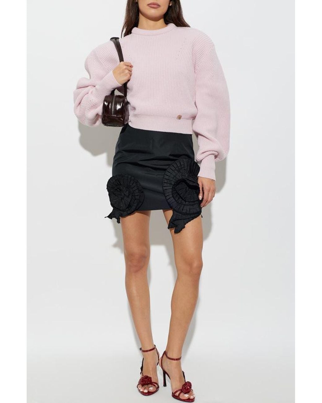 Blumarine Pink Deformedsleeve Cropped Knit Sweater