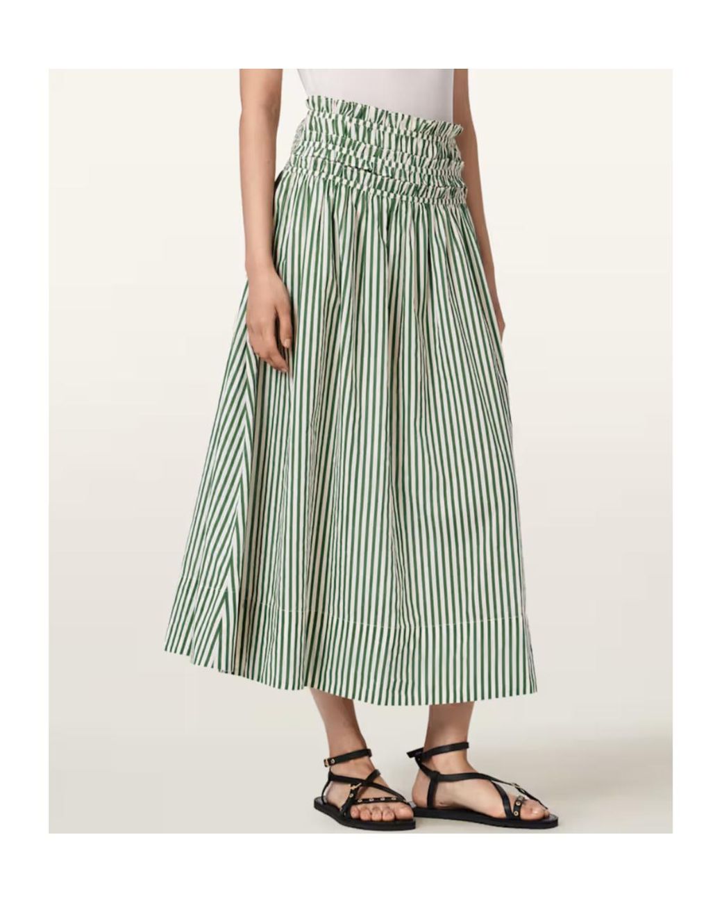 AllSaints Green Kali Smocked Stripe Skirt