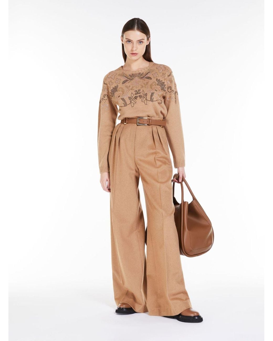 Max Mara Natural Rhinestone Decorated Wool And Cashmere Sweater