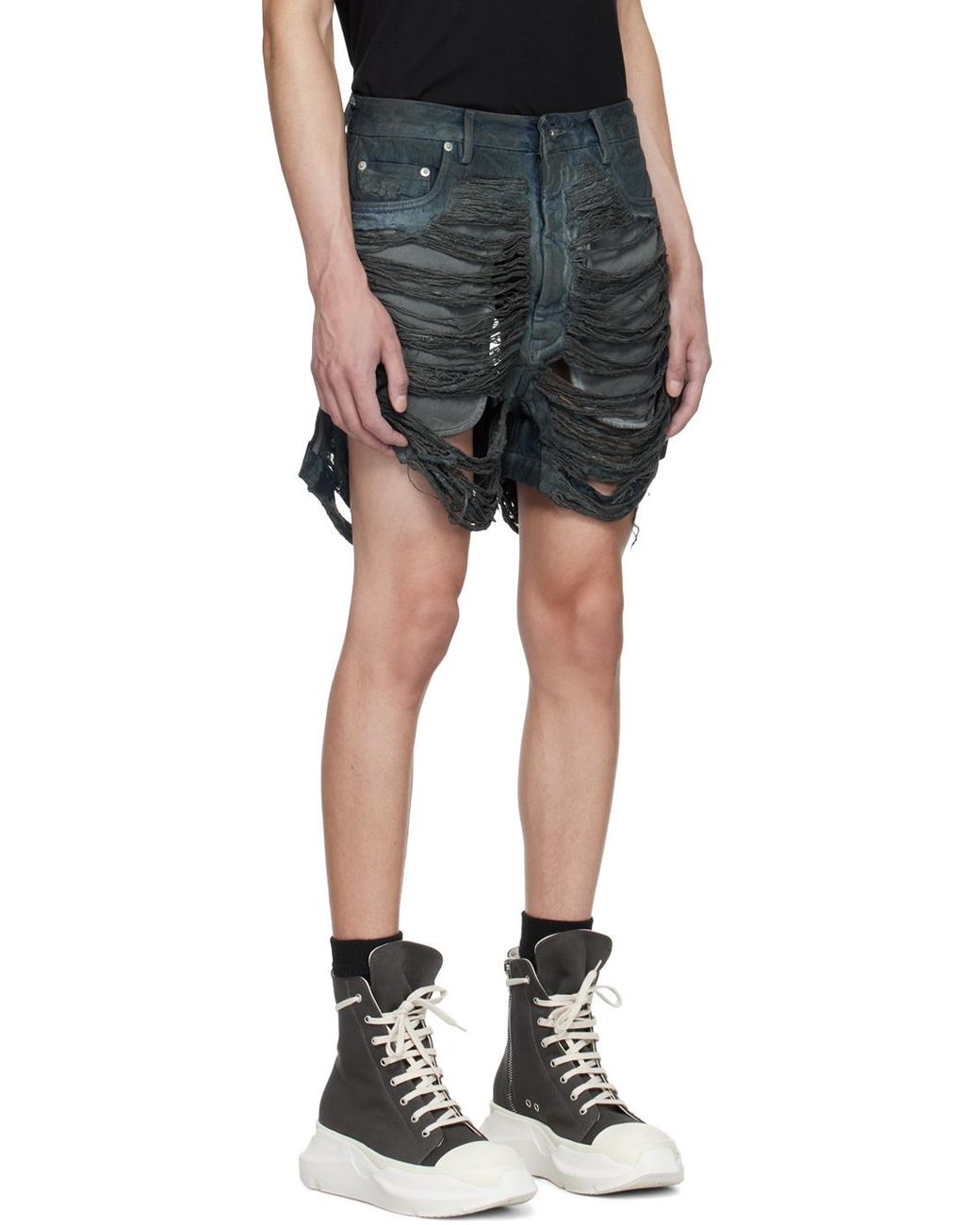 Rick Owens Black Geth Cut-Off Distressed Shorts for men