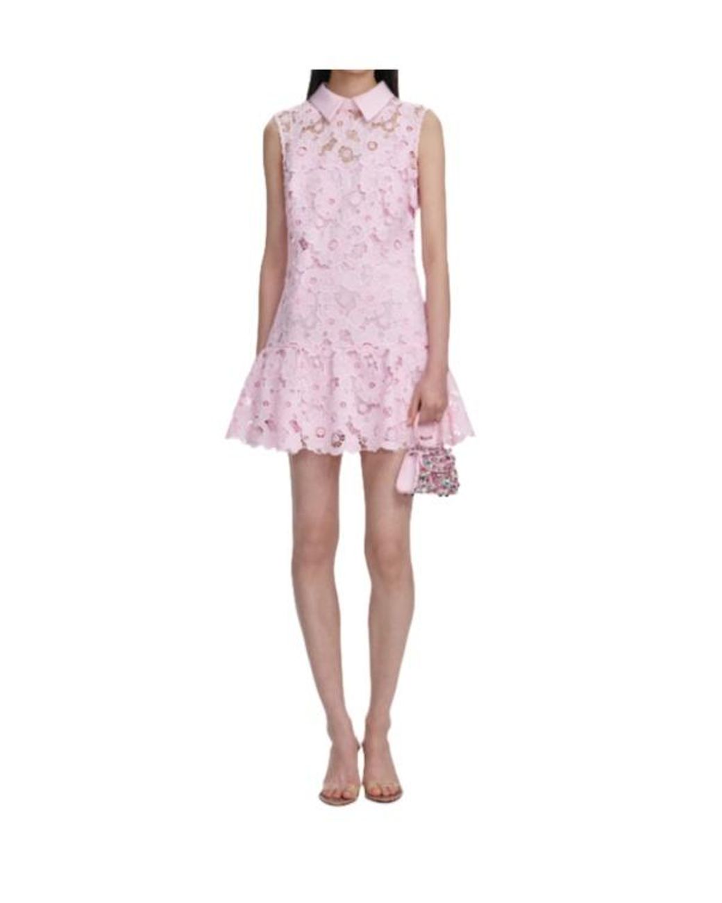 Self-Portrait Pink Embellished-Trim Lace Mini Dress