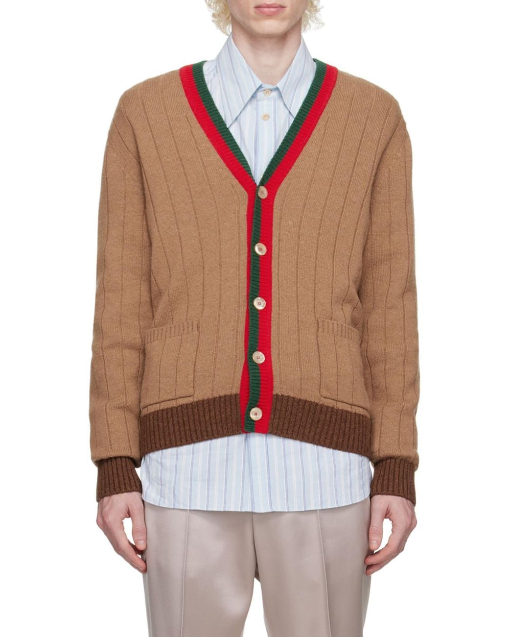 Gucci Natural Web Stripe Ribbed-Knit Cardigan for men