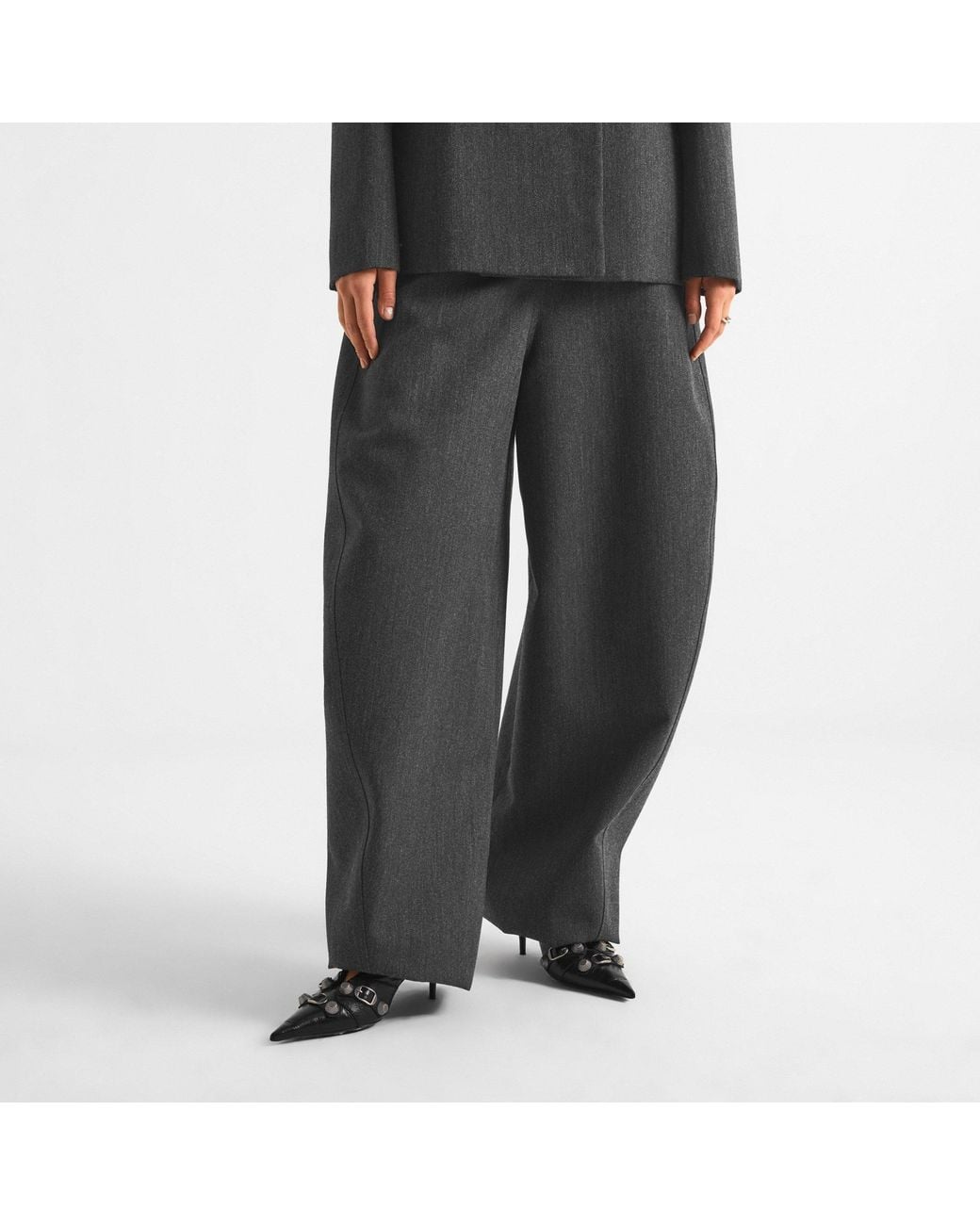 Balenciaga Gray Thin-Striped Curved Wide-Leg Pants
