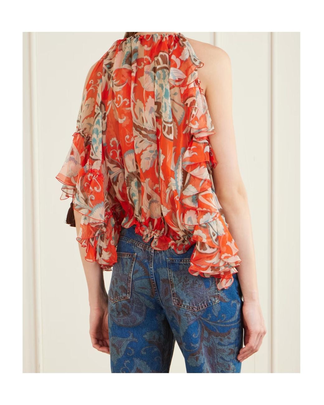 Etro Red Off-The-Shoulder Asymmetrical Tassel Ruffle Print Shirt