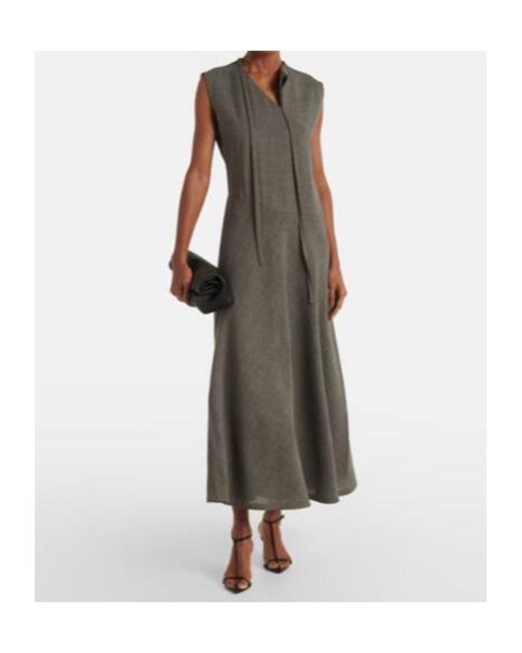 Jil Sander Gray Tie-Neck Virgin Wool Canvas Midi Dress