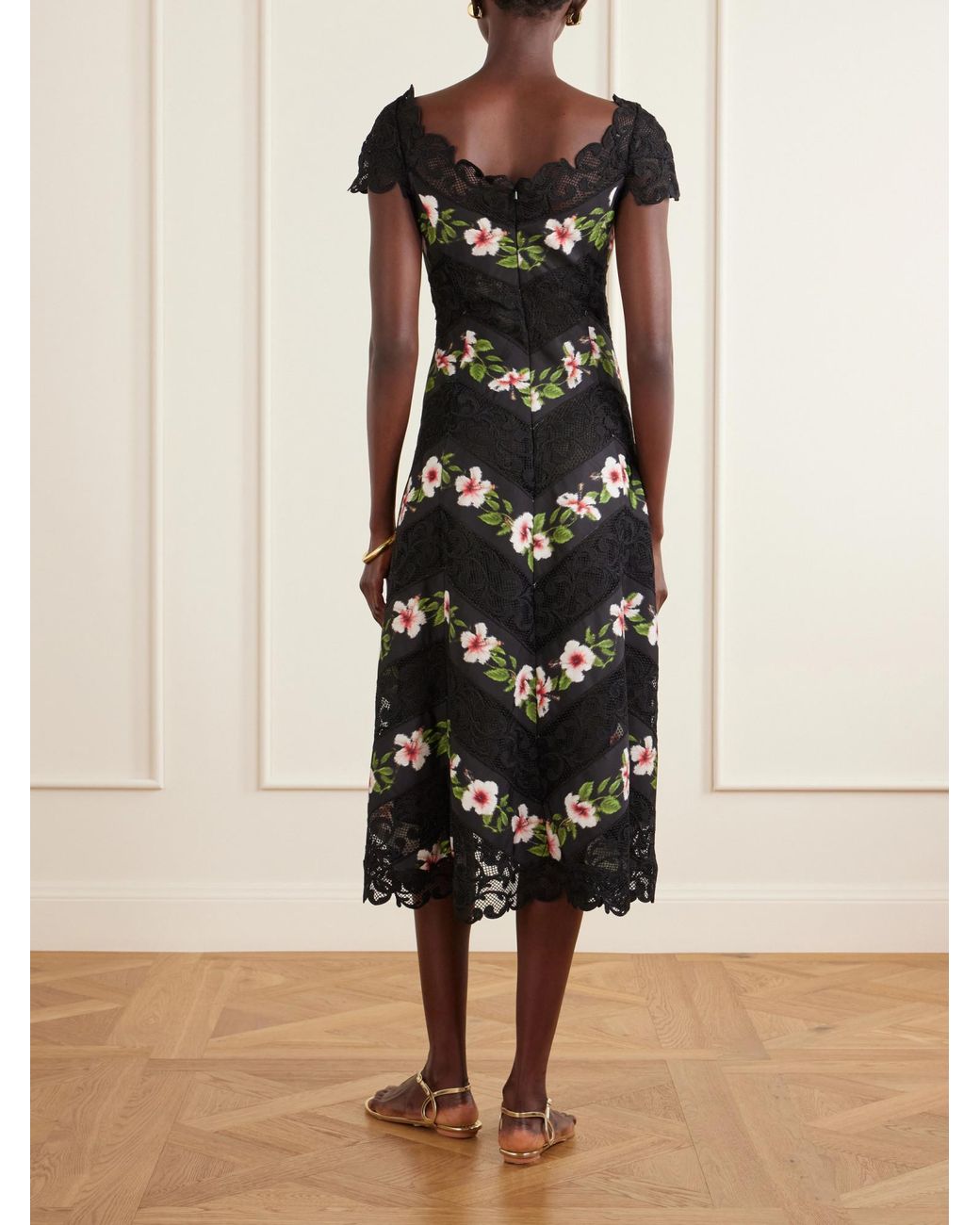 Oscar de la Renta Black Floral-Print Faille And Lace Midi Dress