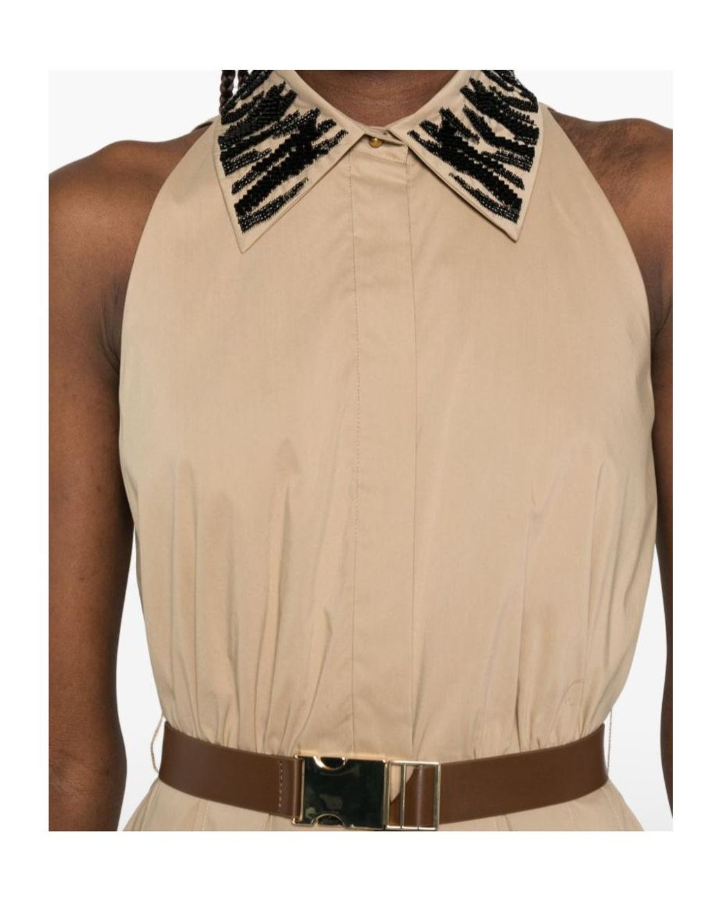 Max Mara Natural Beaded Collared Dress