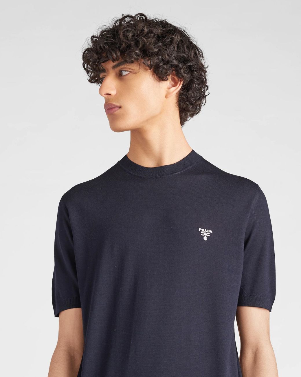Prada Blue Logo Embroidered Crewneck T-Shirt for men