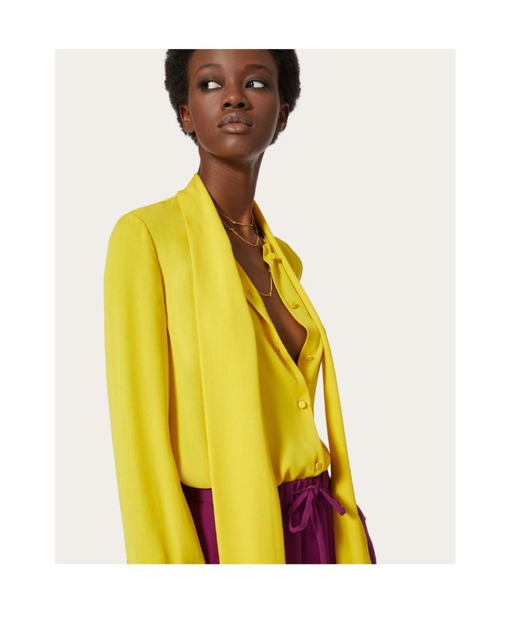 Valentino Yellow Pussy-Bow Collar Silk Shirt
