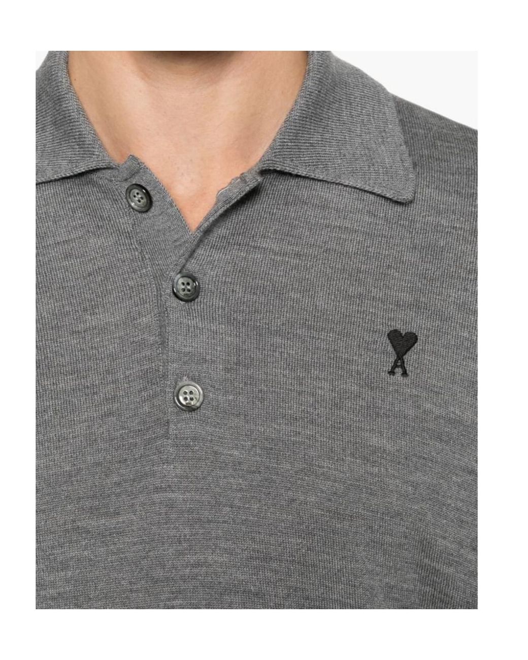 AMI Gray Long-Sleeve Knitted Polo Shirt for men