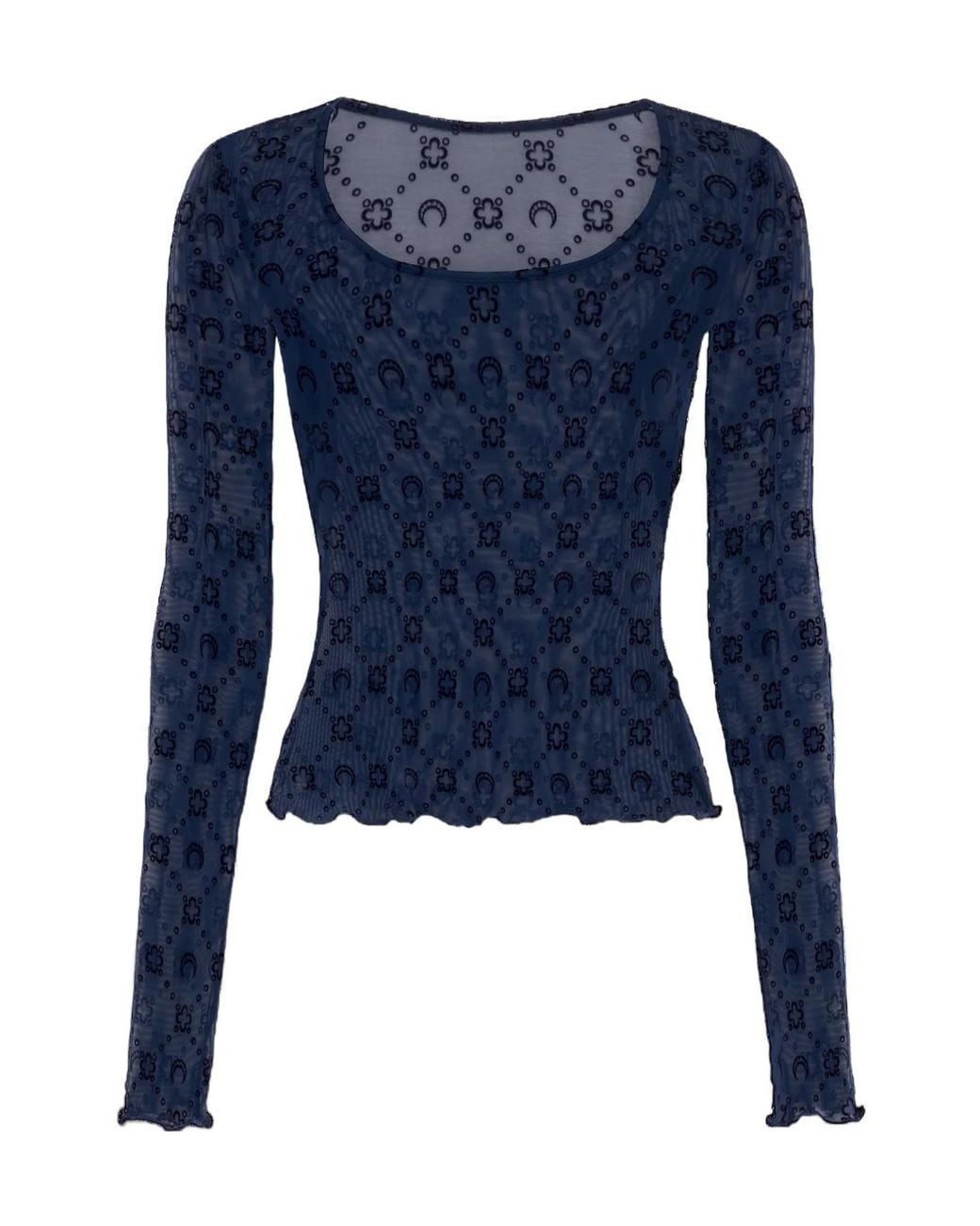 MARINE SERRE Blue Moonogram Mesh Flock Long Sleeves Roundneck Top