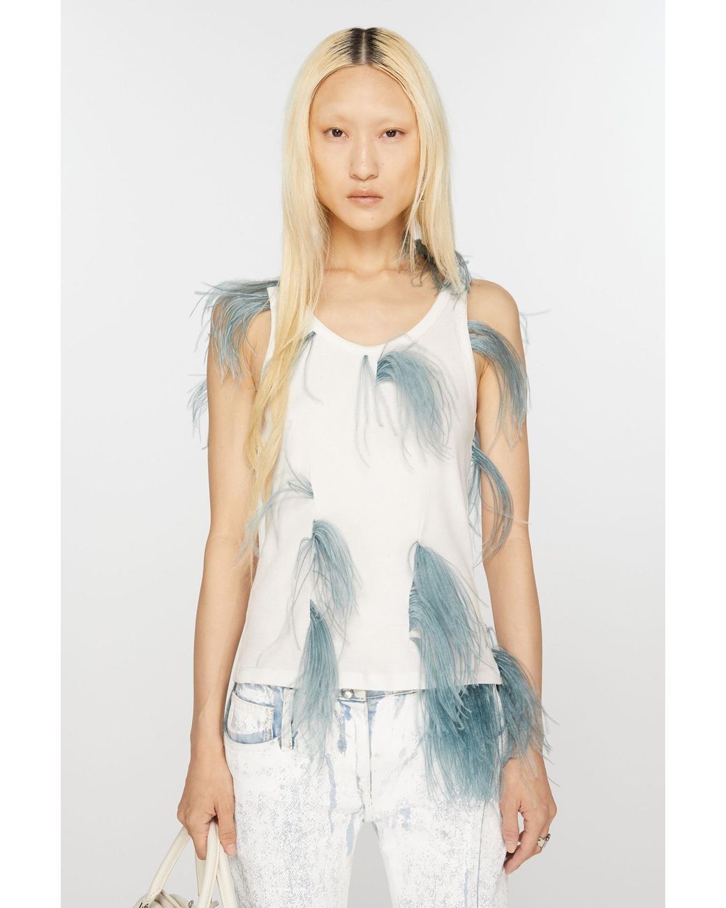 Acne Blue Feather-Detailing Ribbed Tank Top