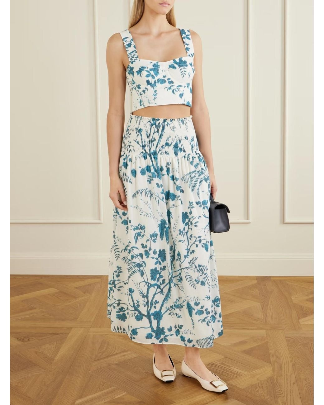 Erdem Blue Crop Floral-Print Cotton And Linen-Blend Top