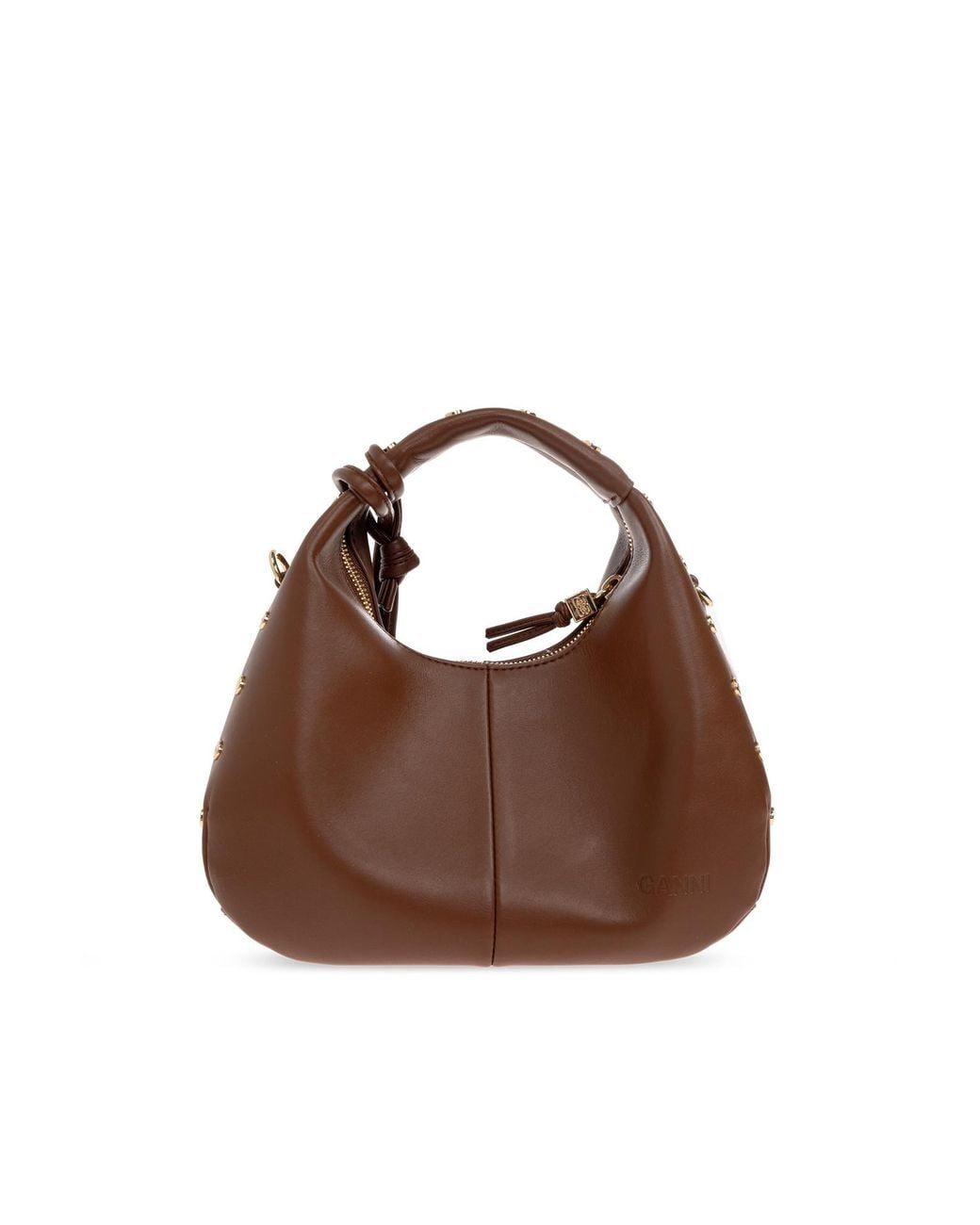 Ganni Brown Stud-Embellished Mini Hobo Bag