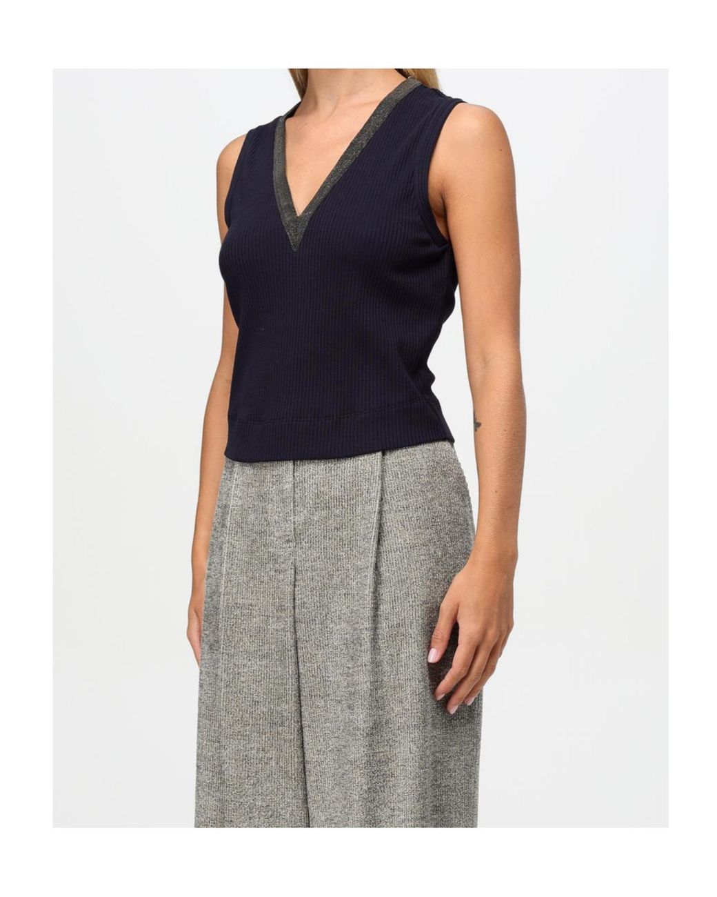 Brunello Cucinelli Blue V-Neck Sleeveless Ribbed Top