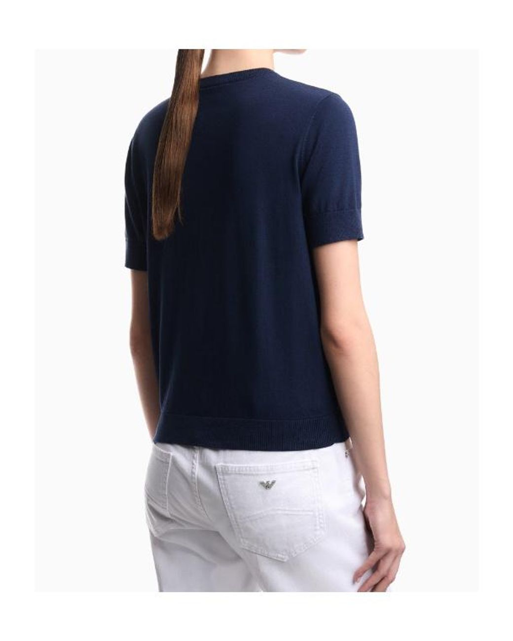 Emporio Armani Blue Logo-Embroidered Short-Sleeve Sweater