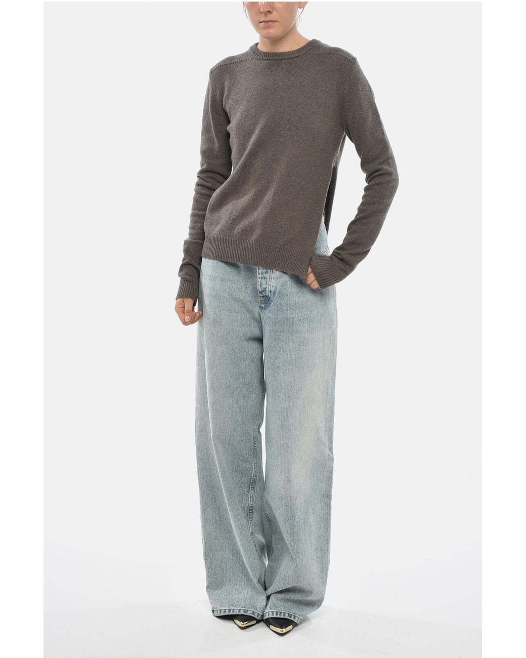Rick Owens Gray Crewneck Sweater With Side Slit