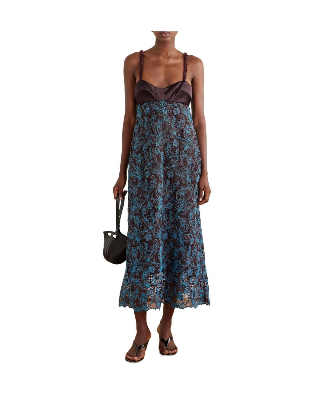 ALÉMAIS Blue Bead-Embellished Satin-Trimmed Guipure Lace Midi Dress