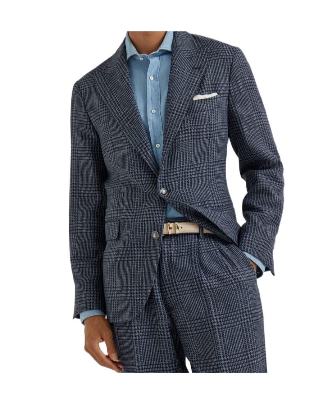 Brunello Cucinelli Blue Prince Of Wales Check Blazer for men