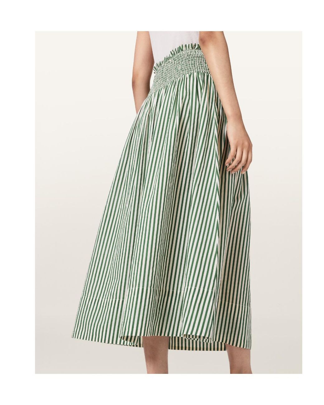 AllSaints Green Kali Smocked Stripe Skirt