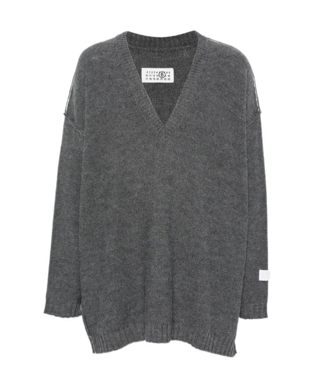 MM6 by Maison Margiela Gray Logo Patch V-Neck Jumper