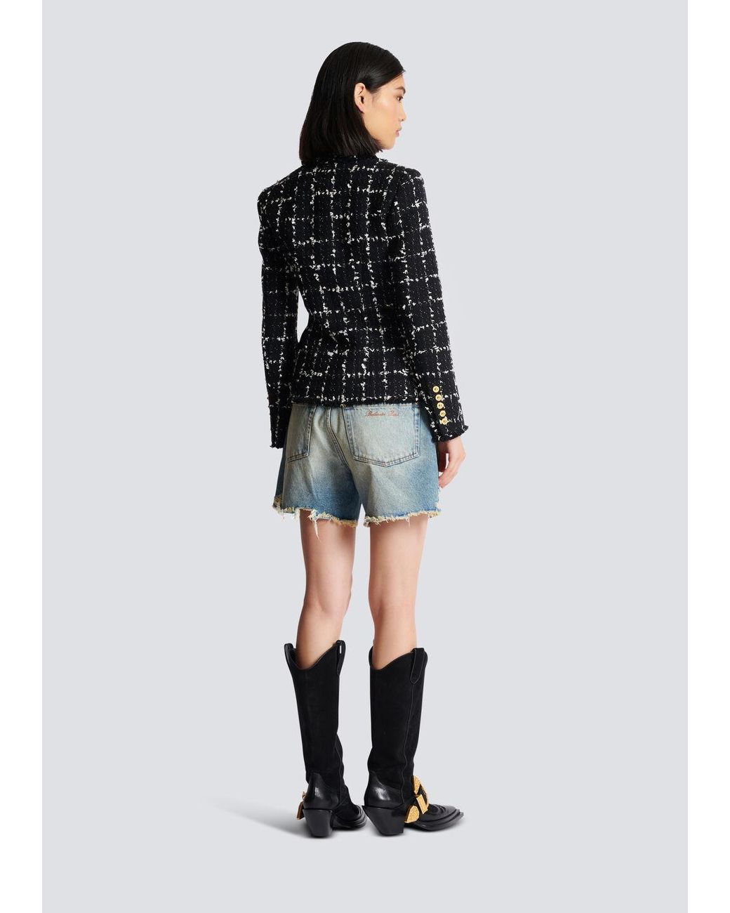 Balmain Black Check Tweed 6-Button Jacket
