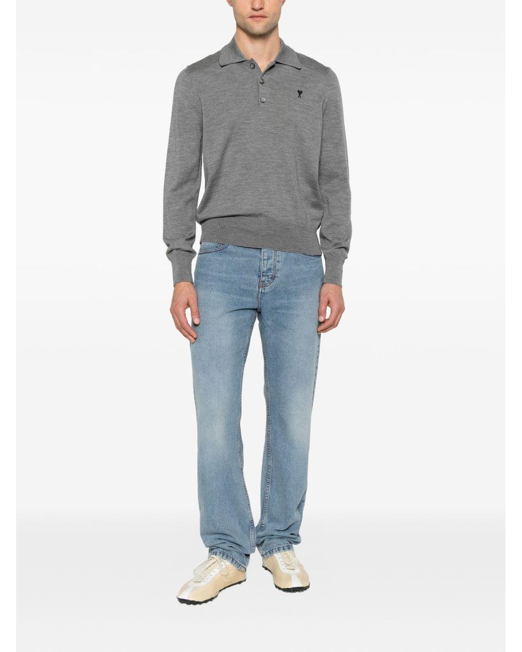 AMI Gray Long-Sleeve Knitted Polo Shirt for men
