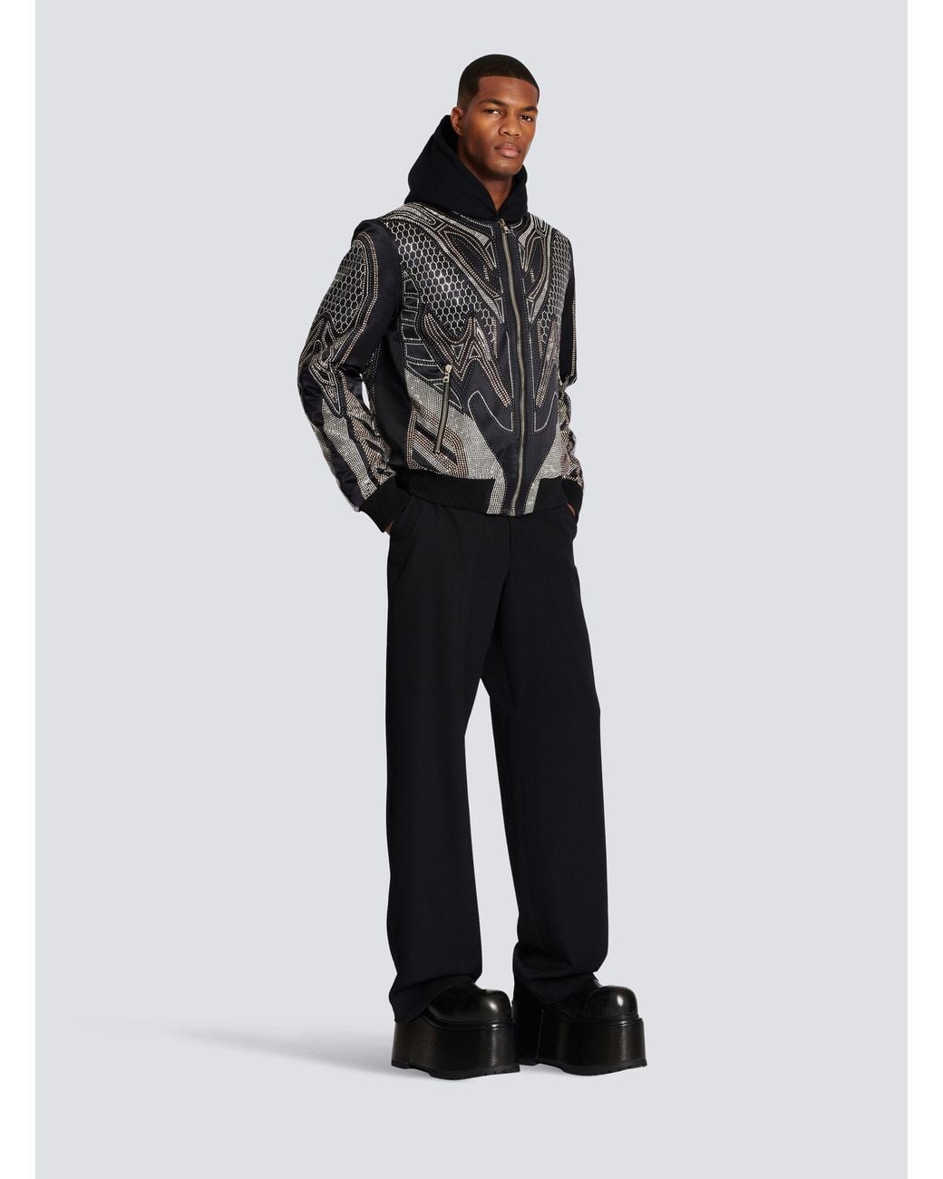 Balmain Black Studded Nylon Bomber Jacket for men