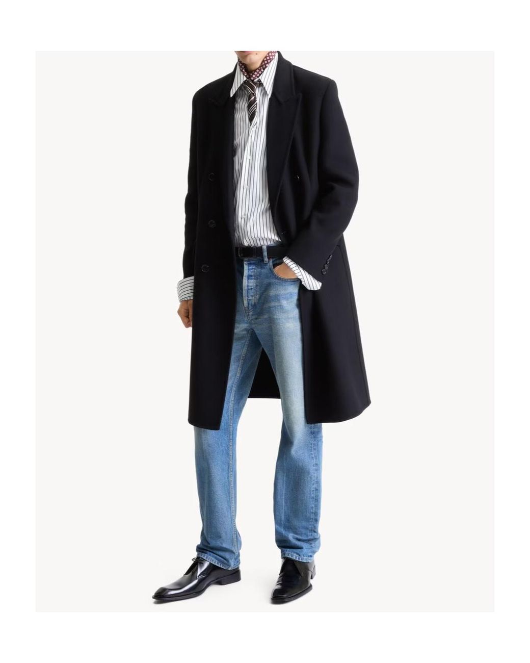 Saint Laurent Black Double-Breasted Knee-Length Coat for men