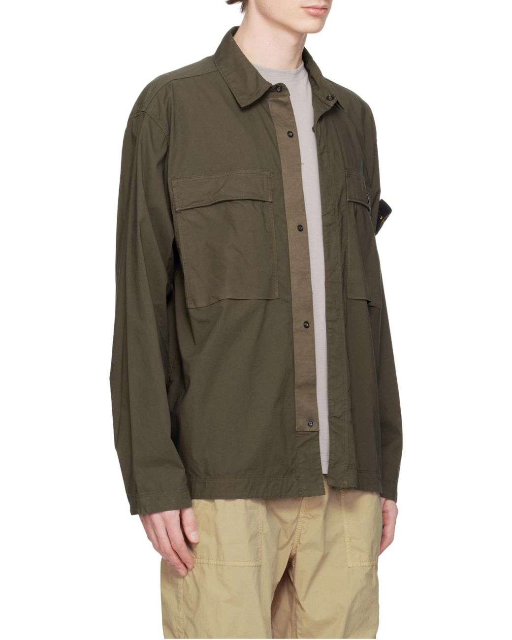 Stone Island Gray Logo Patch Long Sleeved Overshirt for men