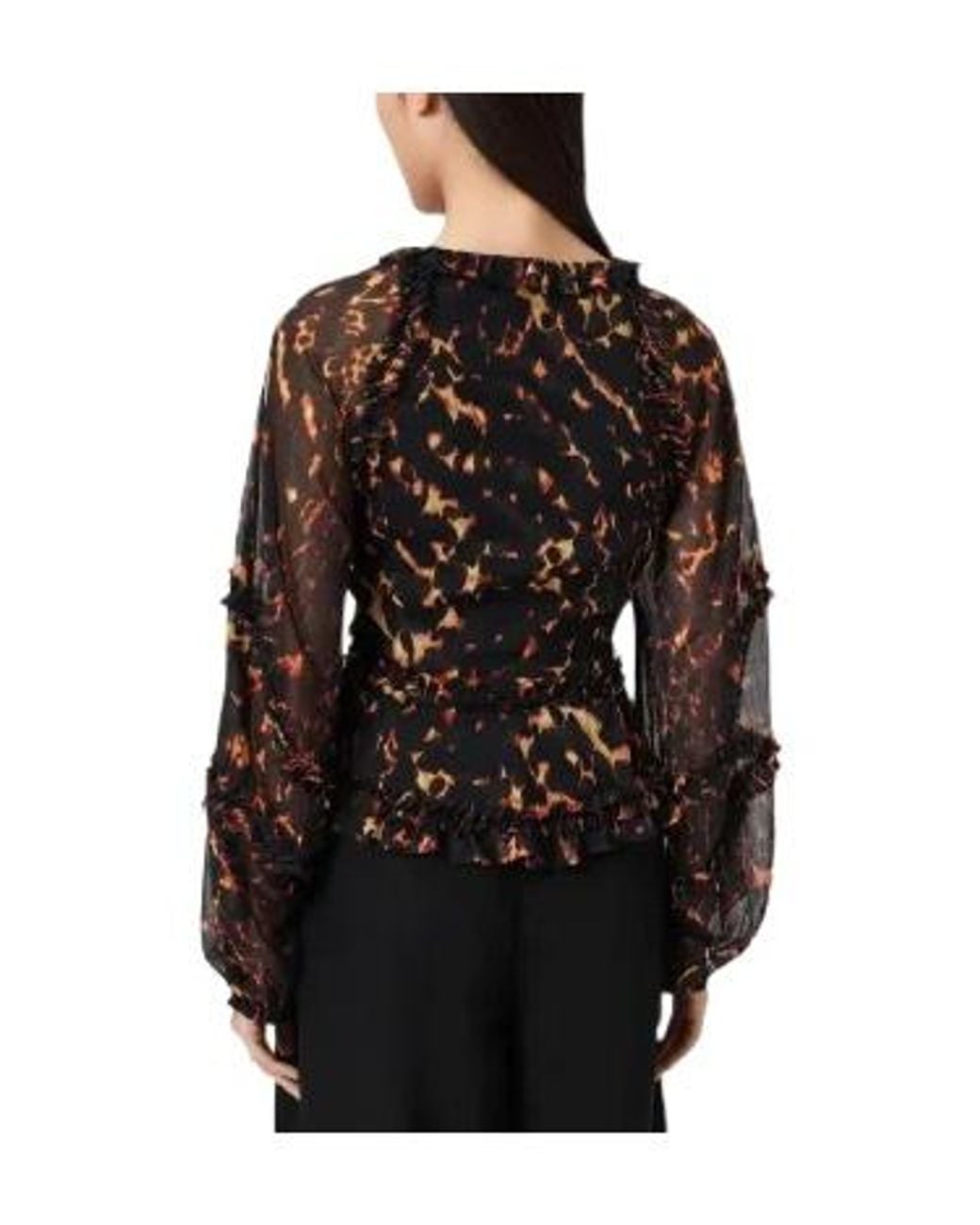 AllSaints Black Ruffled Animal-Print Blouse