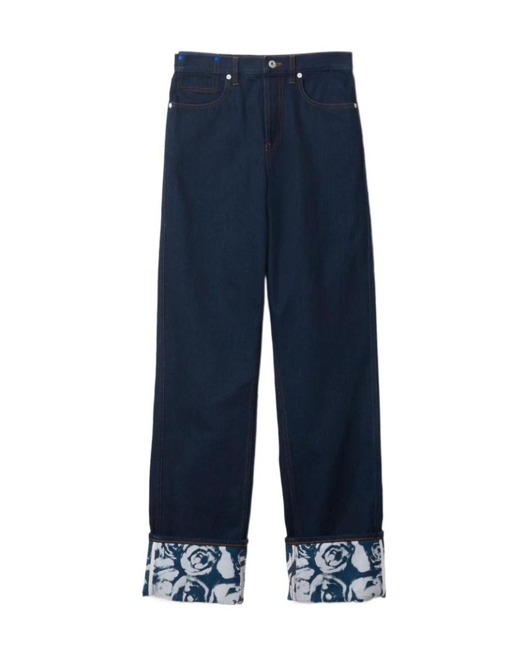 Burberry Blue Logo-Patch Straight-Leg Turn-Up Hem Jeans