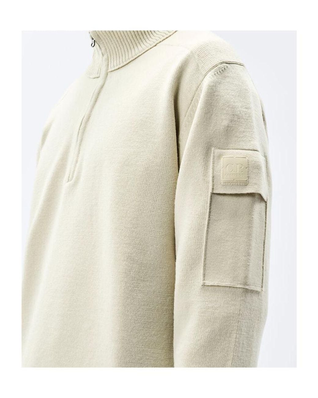 C P Company White Metropolis Series Extrafine Merino Wool Half Zip Sweater for men