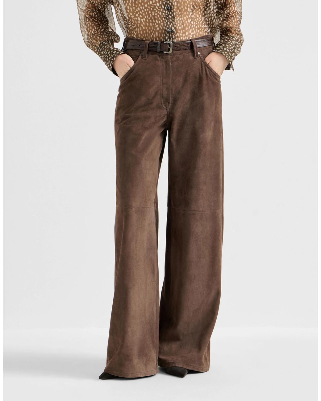 Brunello Cucinelli Brown Suede Baggy Trousers With Monili