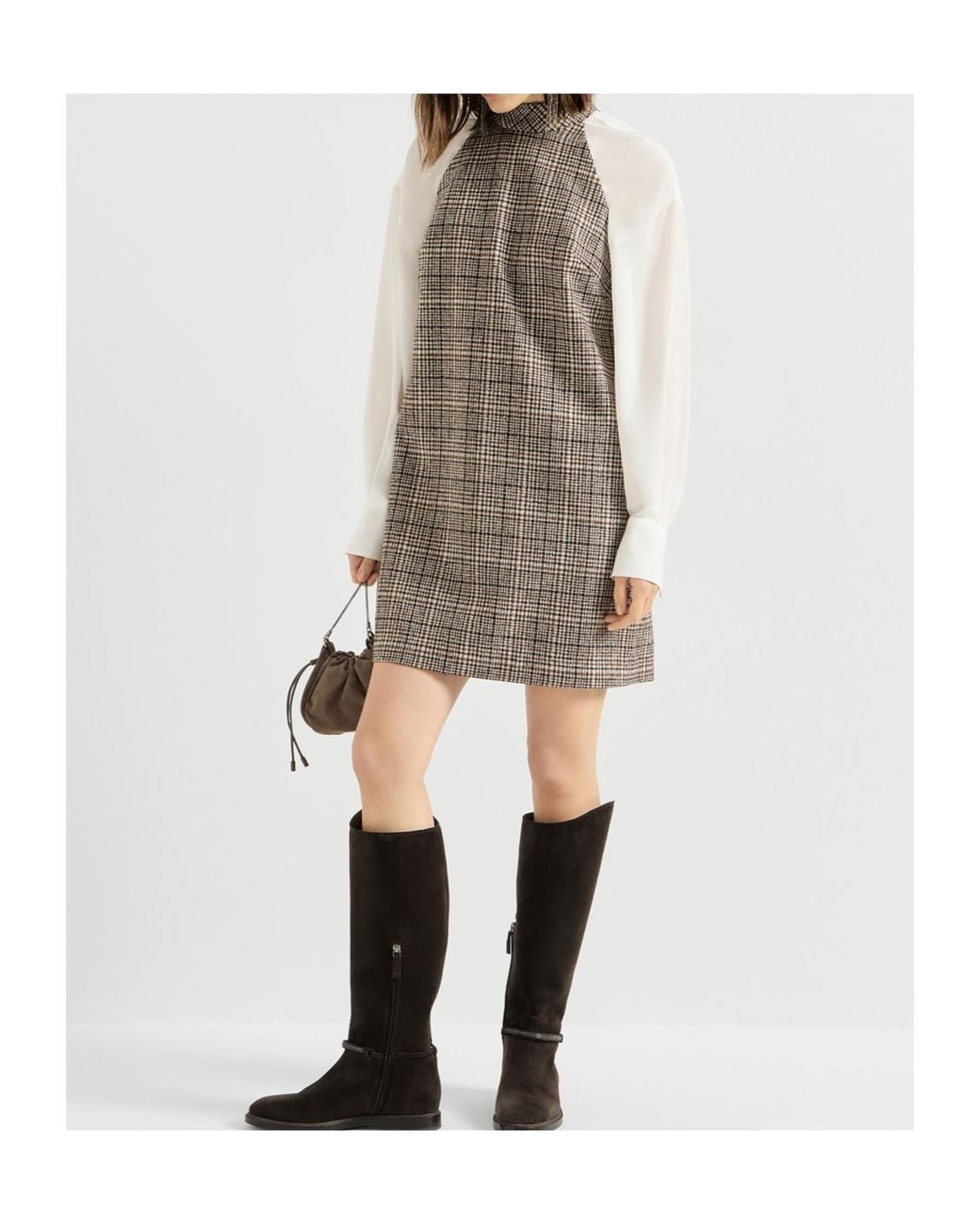 Brunello Cucinelli Brown Checked Alpaca And Wool Dress With Monili