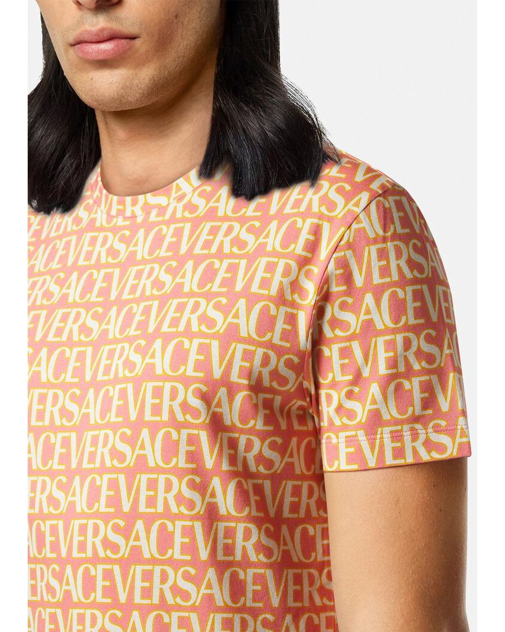 Versace Pink Allover Logo-Printed Crewneck T-Shirt for men