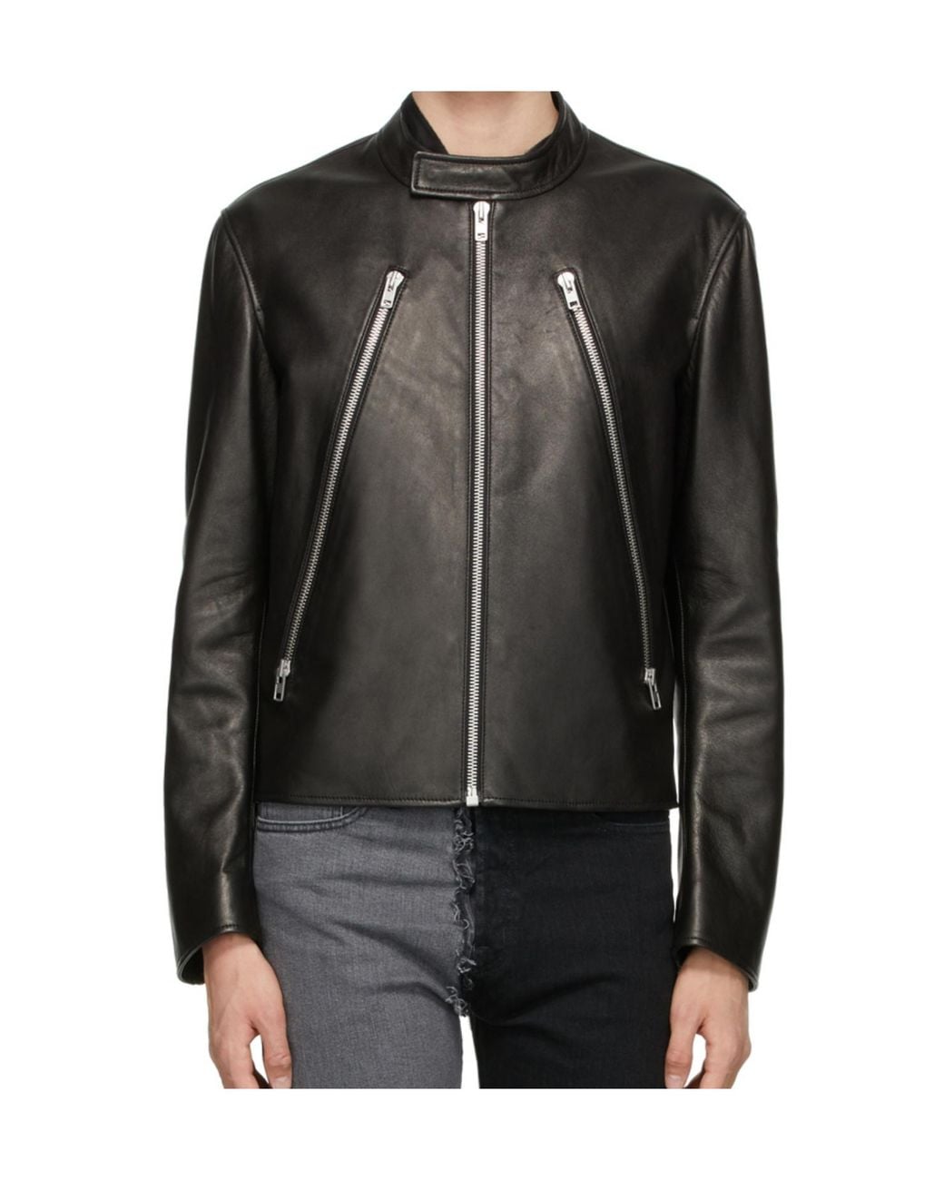 Maison Margiela Black Mock Neck Leather Jacket for men